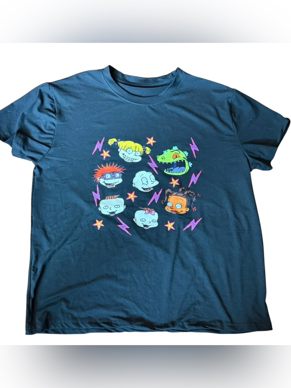 Women’s Black Graphic Tee with Colorful Cartoon Faces